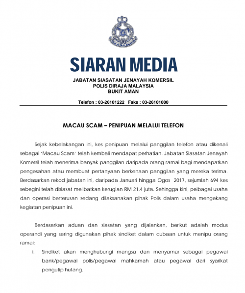 'Scam Macau' Penipuan Melalui Telefon Kembali Aktif